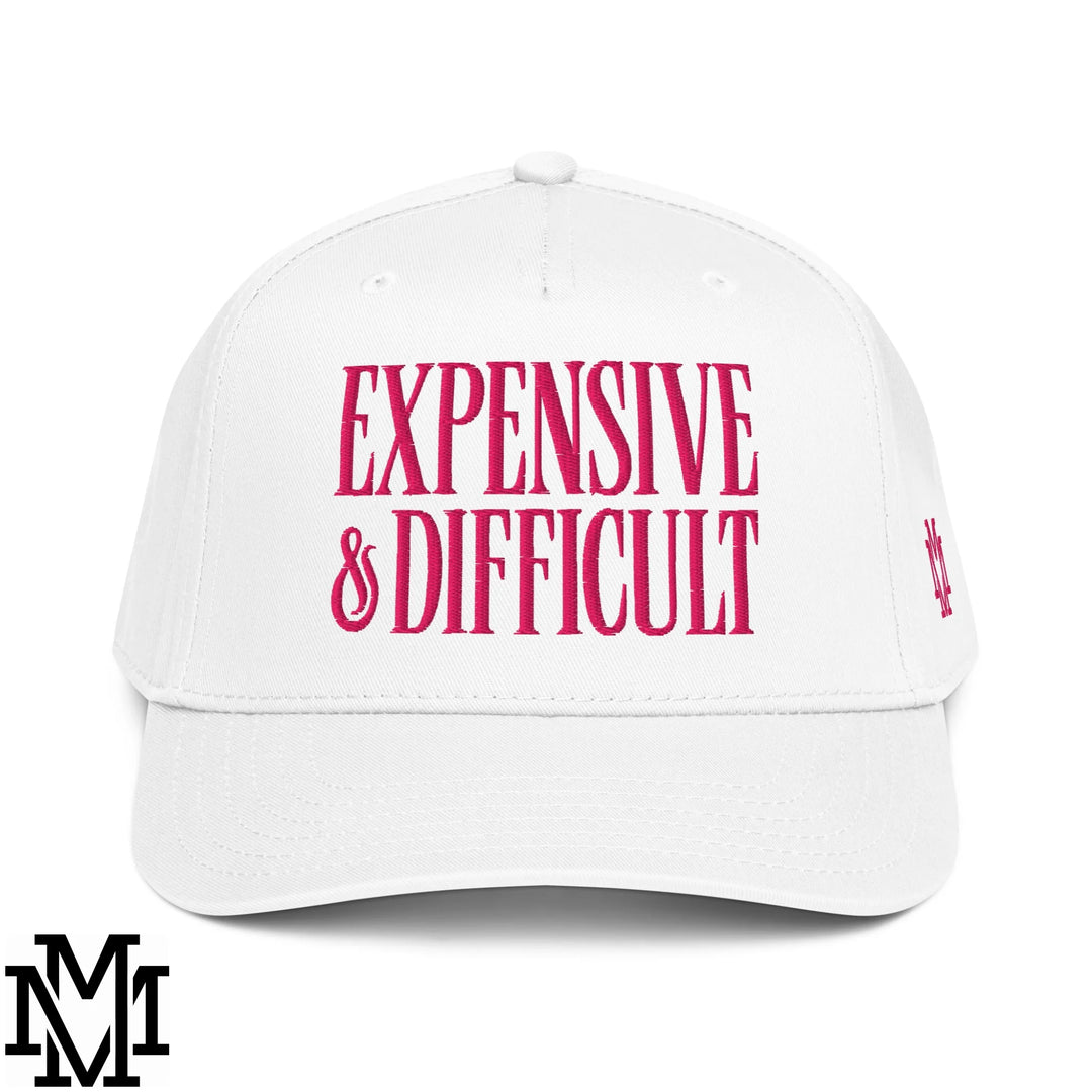 Difficult and Expensive Embroidered Baseball Snapback Hat - White