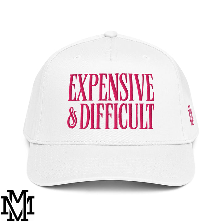 Difficult and Expensive Embroidered Baseball Snapback Hat - White