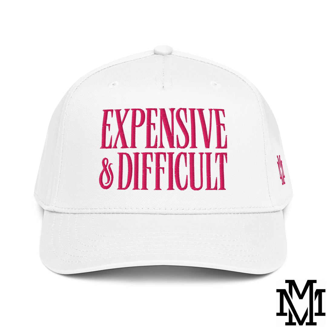 Difficult and Expensive Embroidered Baseball Snapback Hat - White