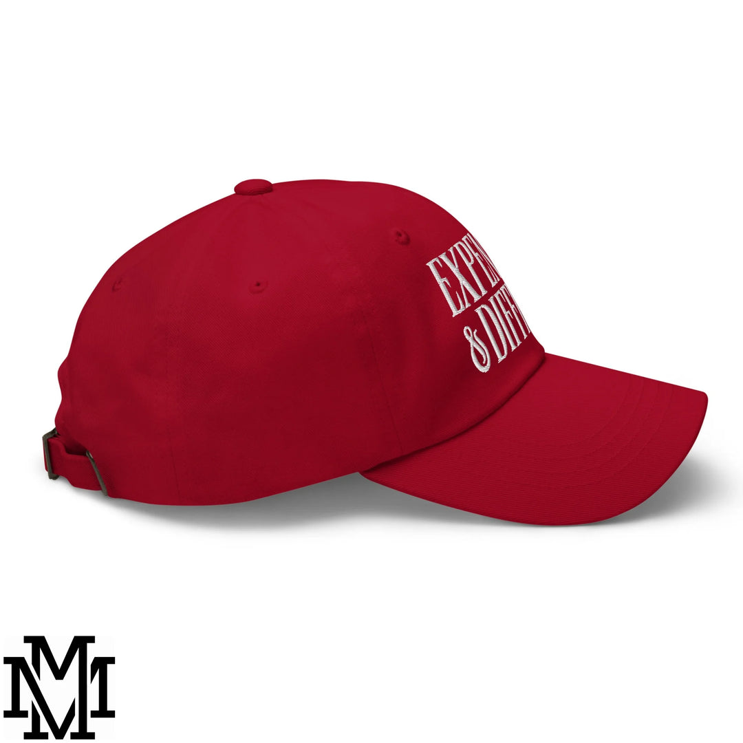 Difficult and Expensive Embroidered Unstructured Dad Hat - Cranberry