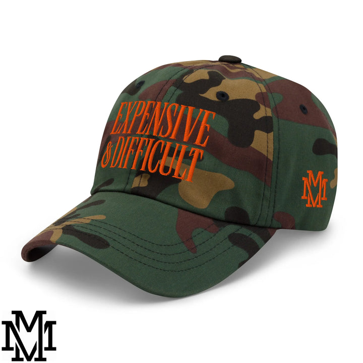 Difficult and Expensive Embroidered Unstructured Dad Hat - Green Camo