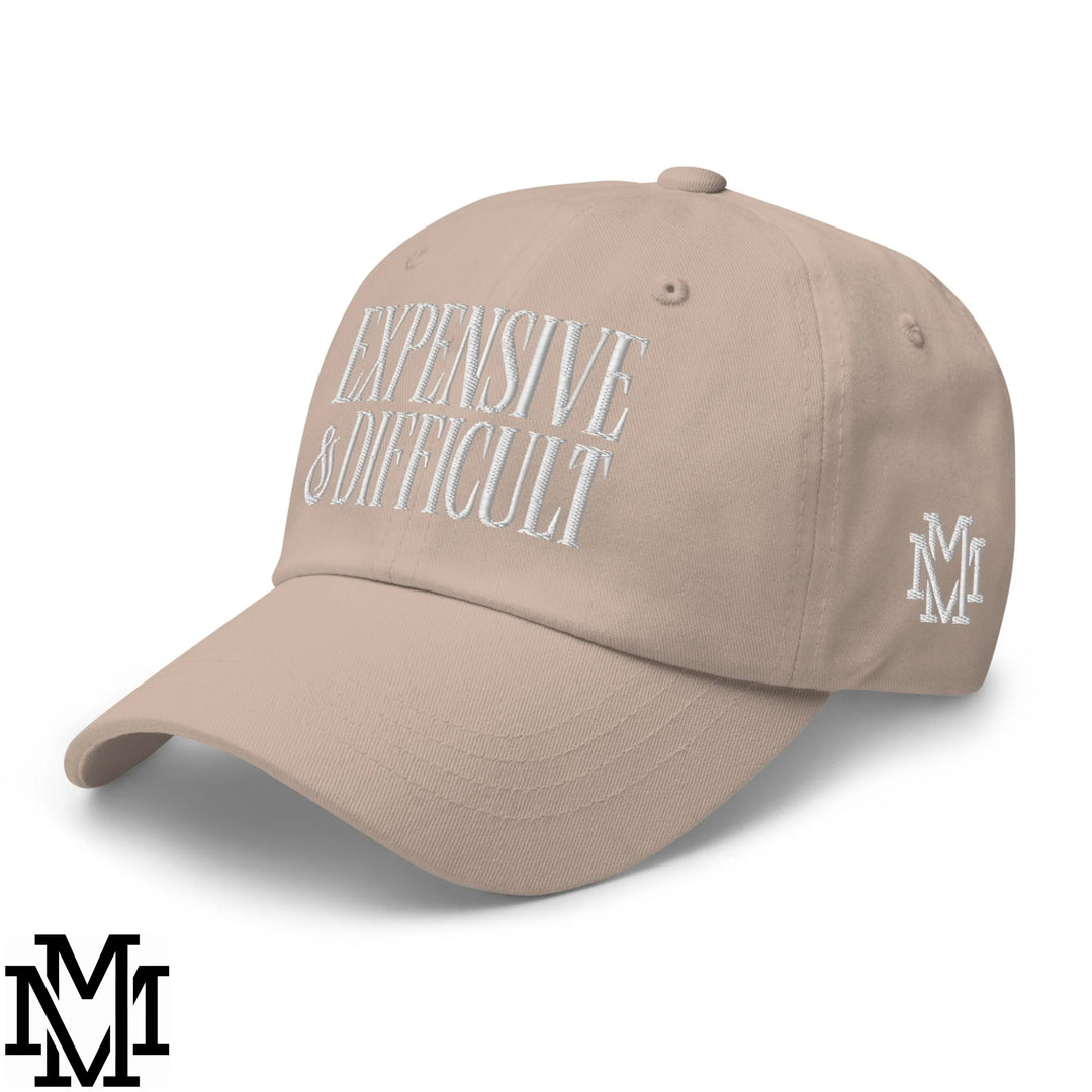 Difficult and Expensive Embroidered Unstructured Dad Hat - Stone