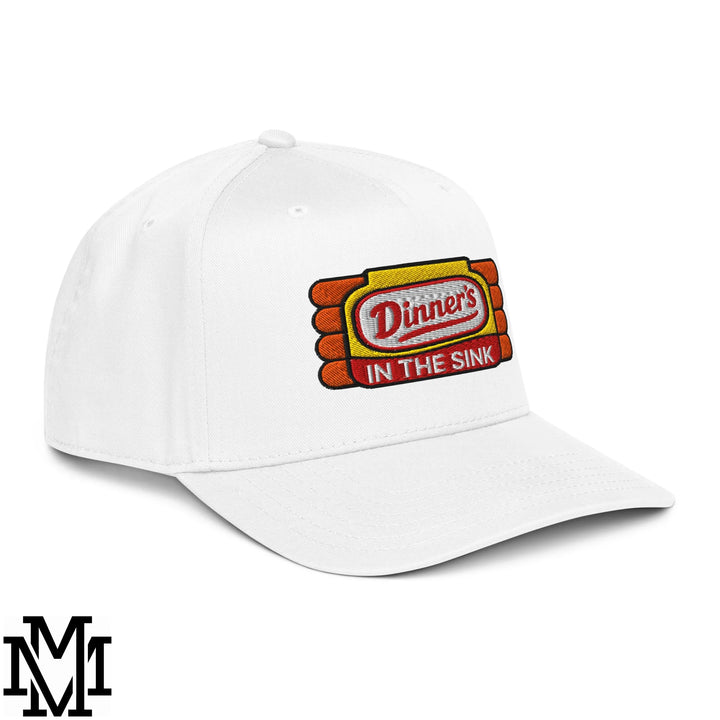 White baseball snapback hat with embroidered dinner’s in the sink patch in red black on yellow and orange background