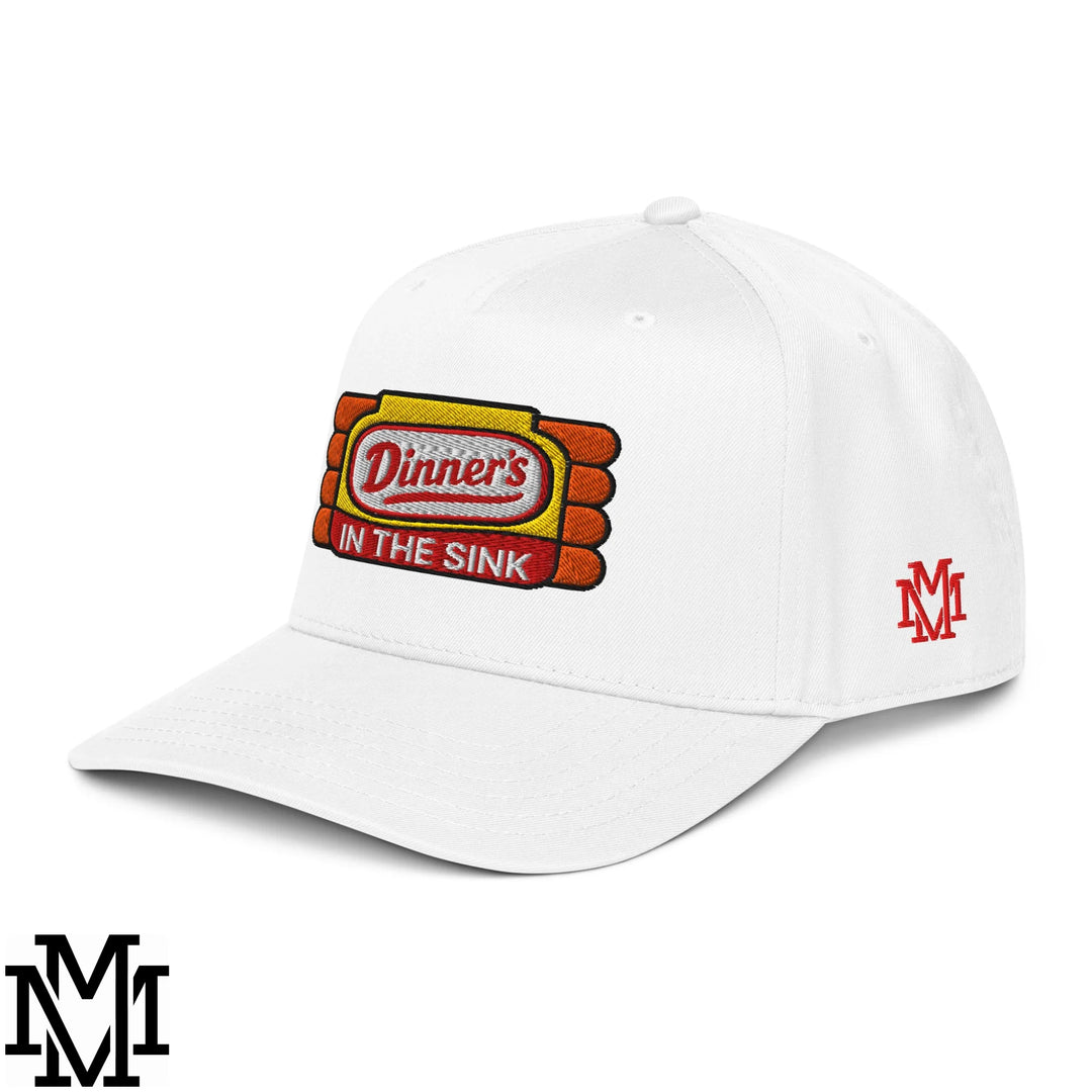 White baseball snapback hat with embroidered yellow and red dinners in the sink logo and small red side accents