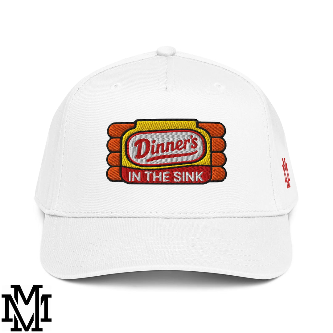 White baseball snapback hat with embroidered retro diner sign patch in red yellow and orange for casual wear