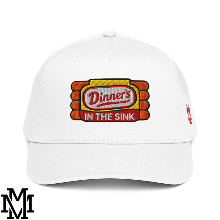 White baseball snapback hat with embroidered retro diner sign patch in red yellow and orange for casual wear