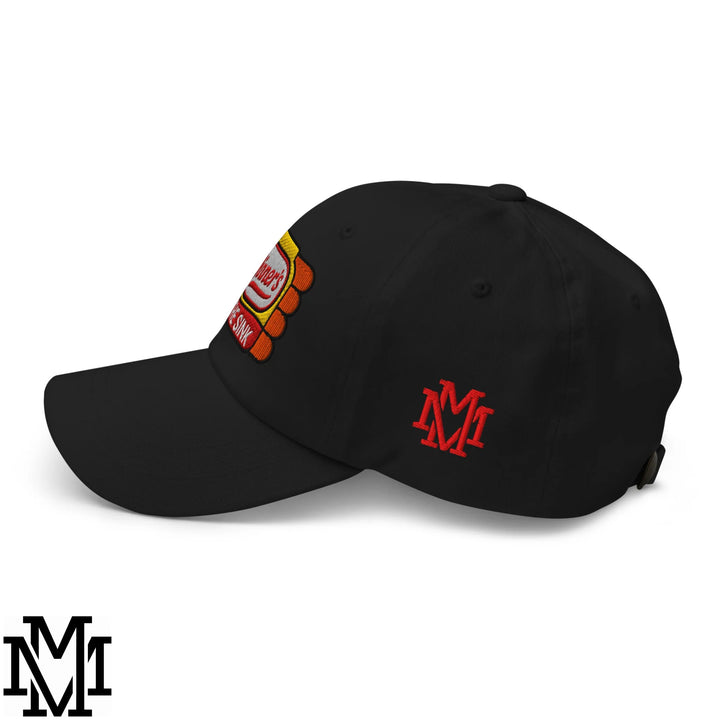 Black unstructured dad hat with red embroidered m logo and colorful hot dog patch titled Dinners in the Sink Embroidered