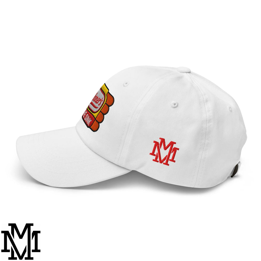 White embroidered unstructured dad hat featuring a colorful hot dog patch and red m logo on the side