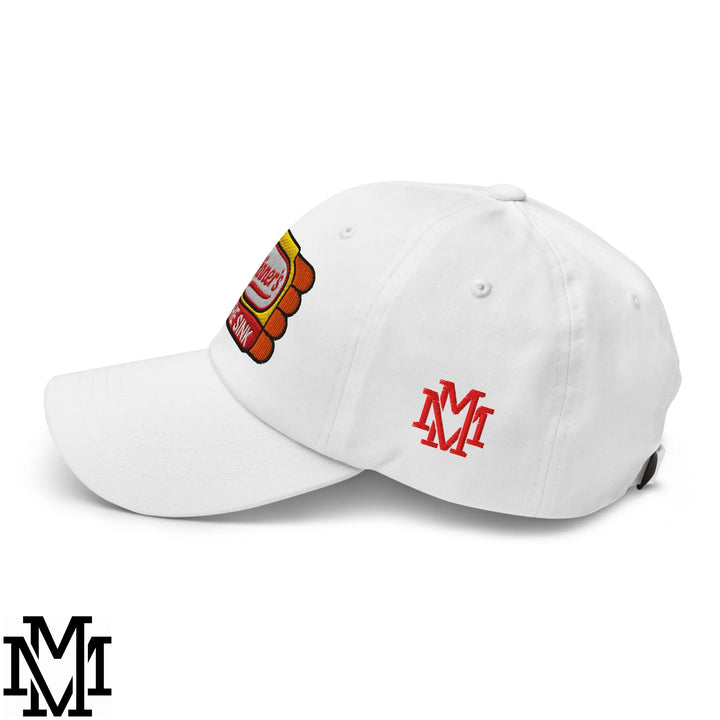 White embroidered unstructured dad hat featuring a colorful hot dog patch and red m logo on the side