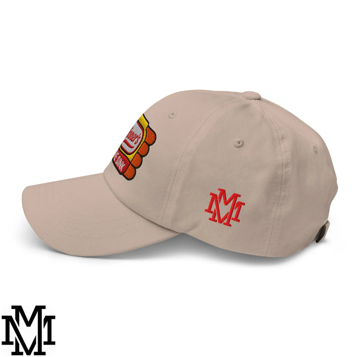 Beige embroidered unstructured dad hat with red m logo and colorful stylized hot dog patch on the side