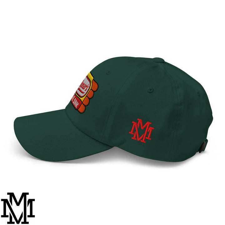 Dark green unstructured dad hat with colorful embroidered hot dog patch and red m logo on the side