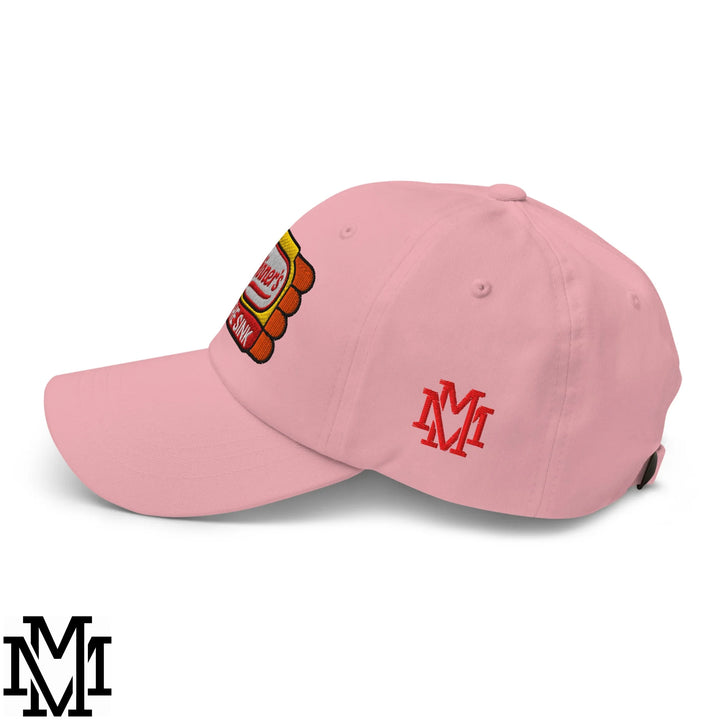Pink unstructured dad hat with embroidered logo patch and red mm branding from dinners in the sink collection
