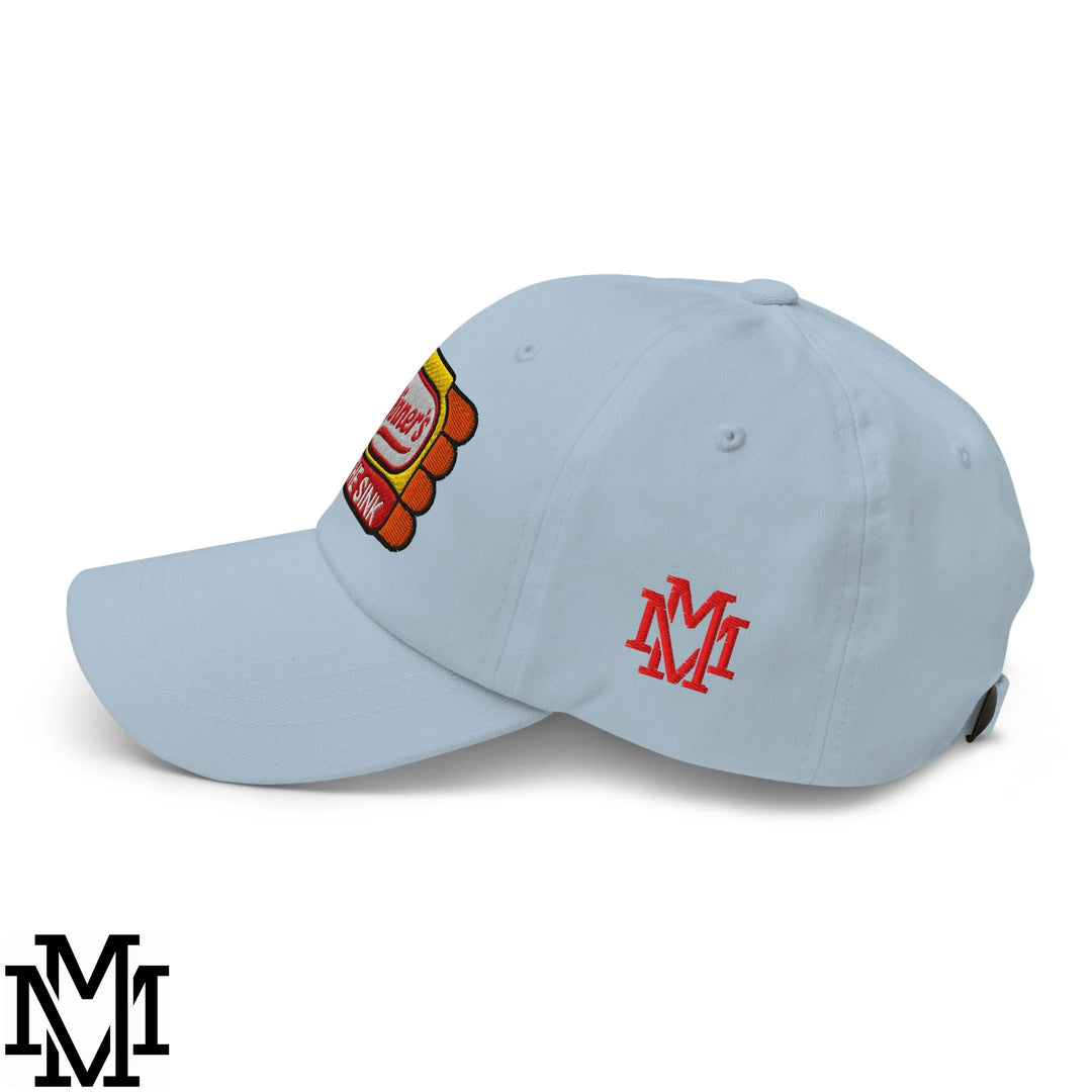 Light blue dinner’s in the sink embroidered unstructured dad hat with red and yellow logo and red mm emblem on the side