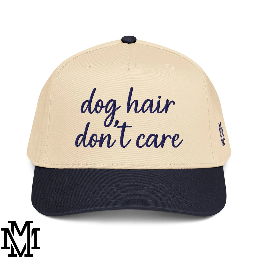 Dog Hair Don't Care Embroidered Baseball Snapback Hat - Navy Natural