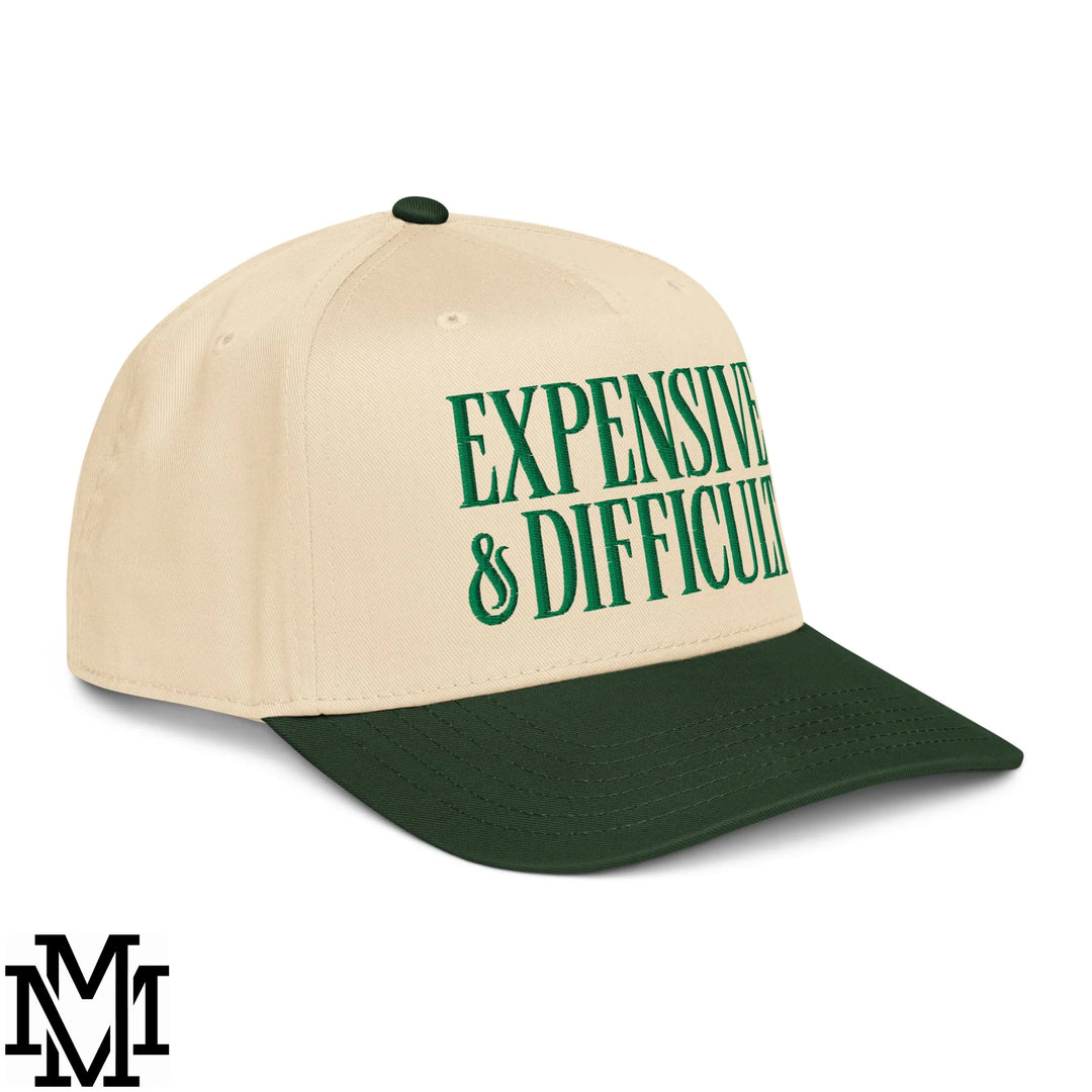 Difficult and Expensive Embroidered Baseball Snapback Hat - Dark Green Natural