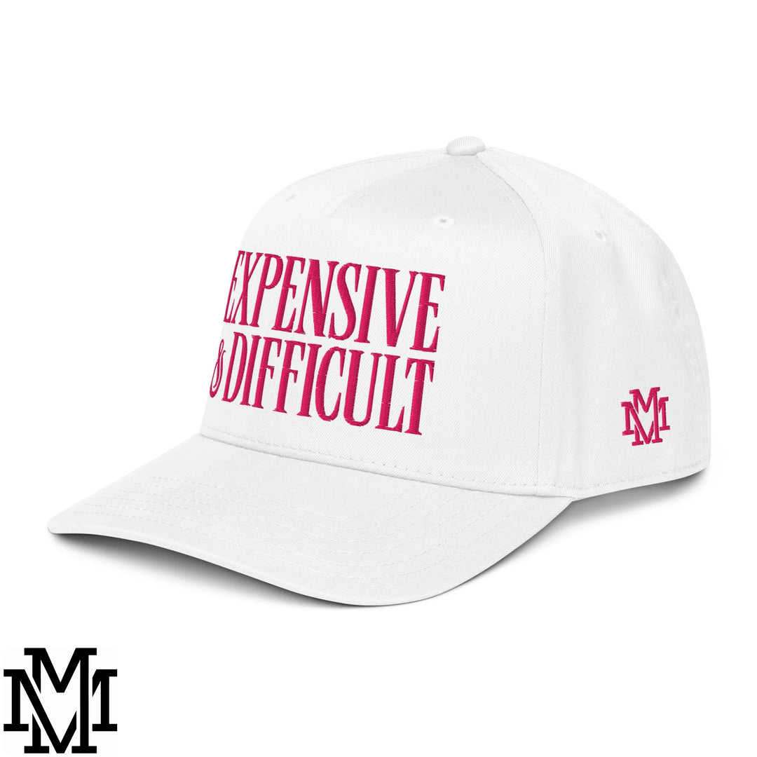 Difficult and Expensive Embroidered Baseball Snapback Hat - White