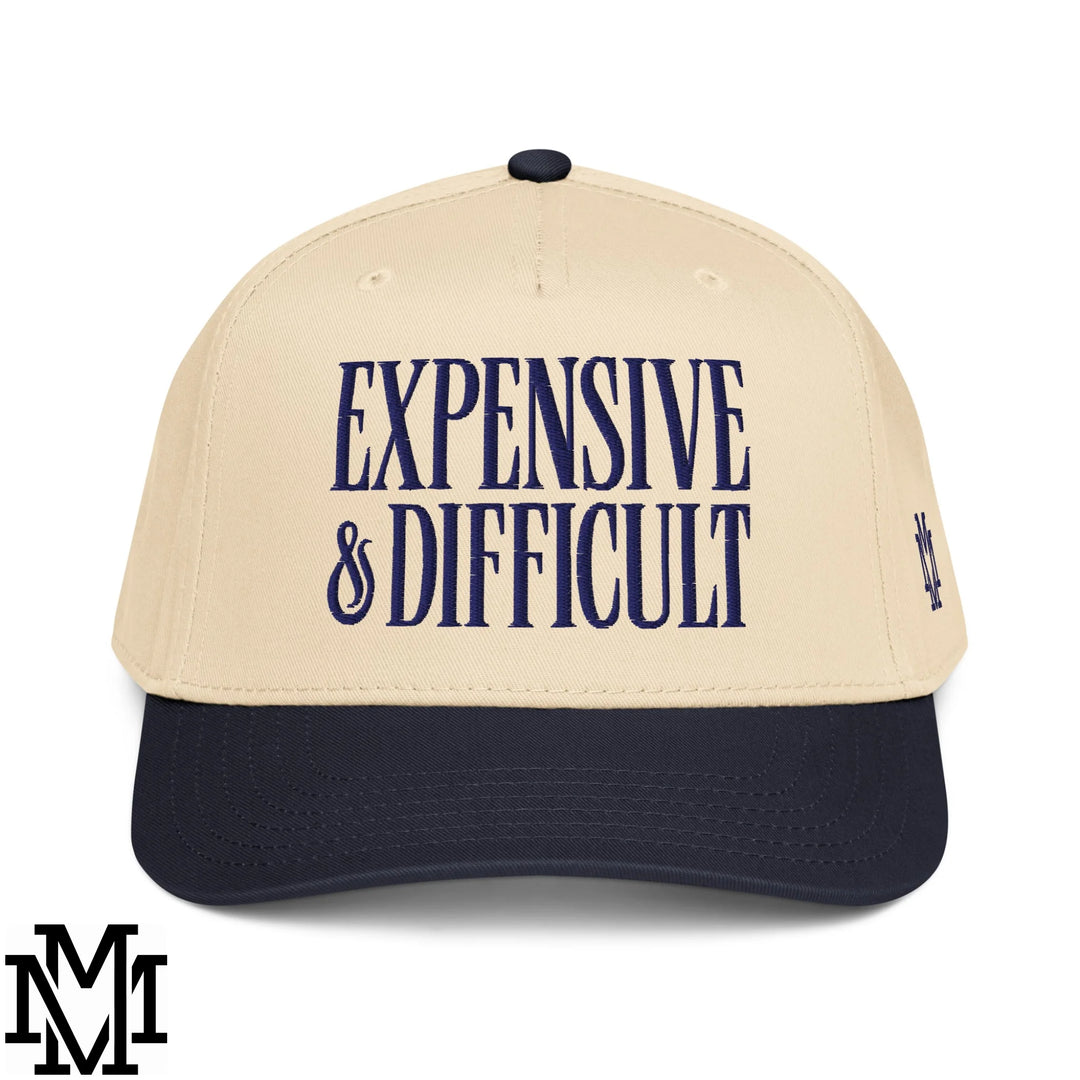 Difficult and Expensive Embroidered Baseball Snapback Hat - Navy Natural