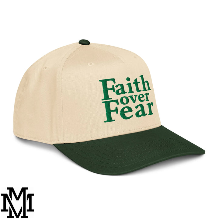 Faith Over Fear Embroidered Baseball Snapback Hat - Dark Green Natural
