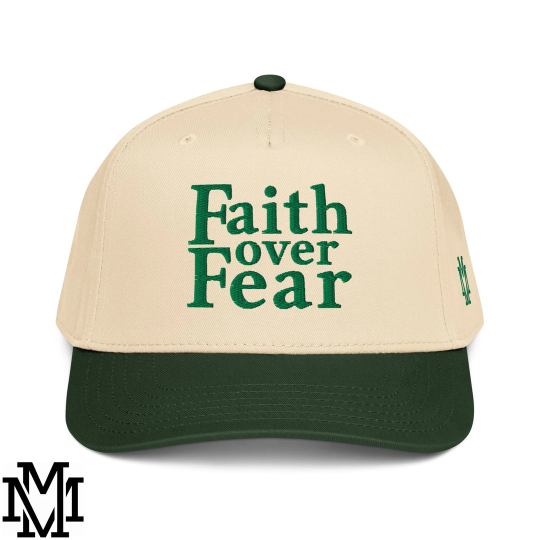Faith Over Fear Embroidered Baseball Snapback Hat - Dark Green Natural