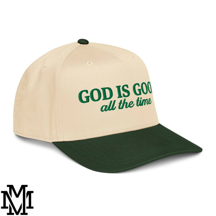 God is Good All The Time Embroidered Baseball Snapback Hat - Dark Green Natural