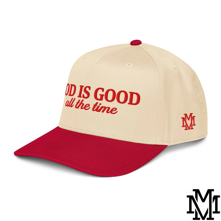 God is Good All The Time Embroidered Baseball Snapback Hat - Red Natural