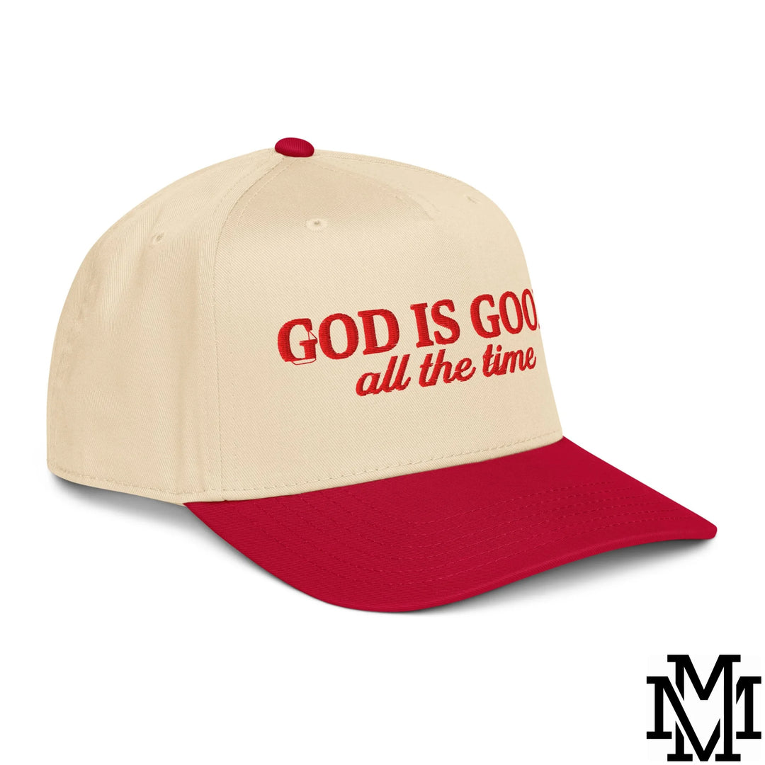 God is Good All The Time Embroidered Baseball Snapback Hat - Red Natural