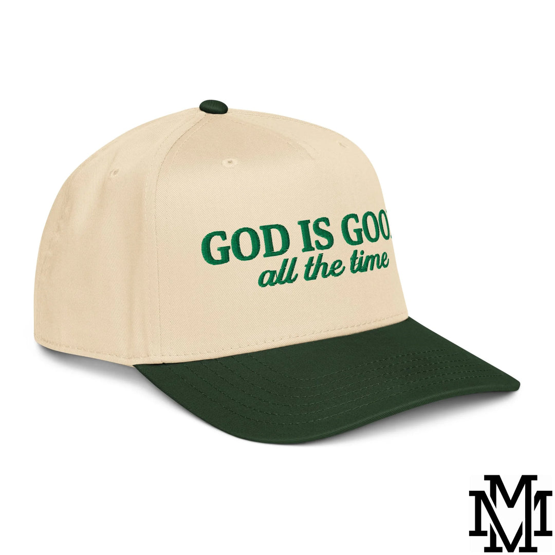 God is Good All The Time Embroidered Baseball Snapback Hat - Dark Green Natural
