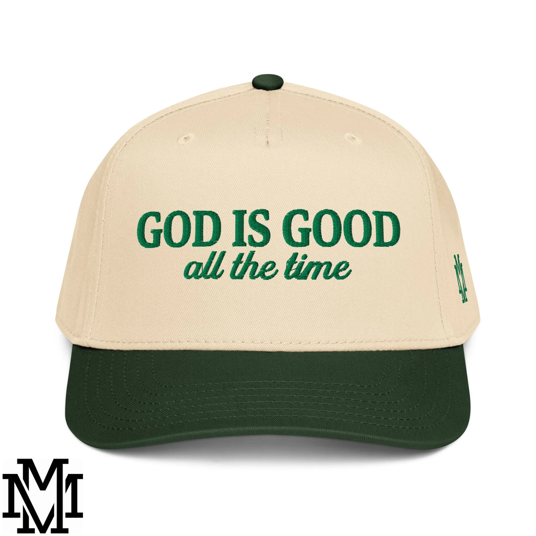 God is Good All The Time Embroidered Baseball Snapback Hat - Dark Green Natural