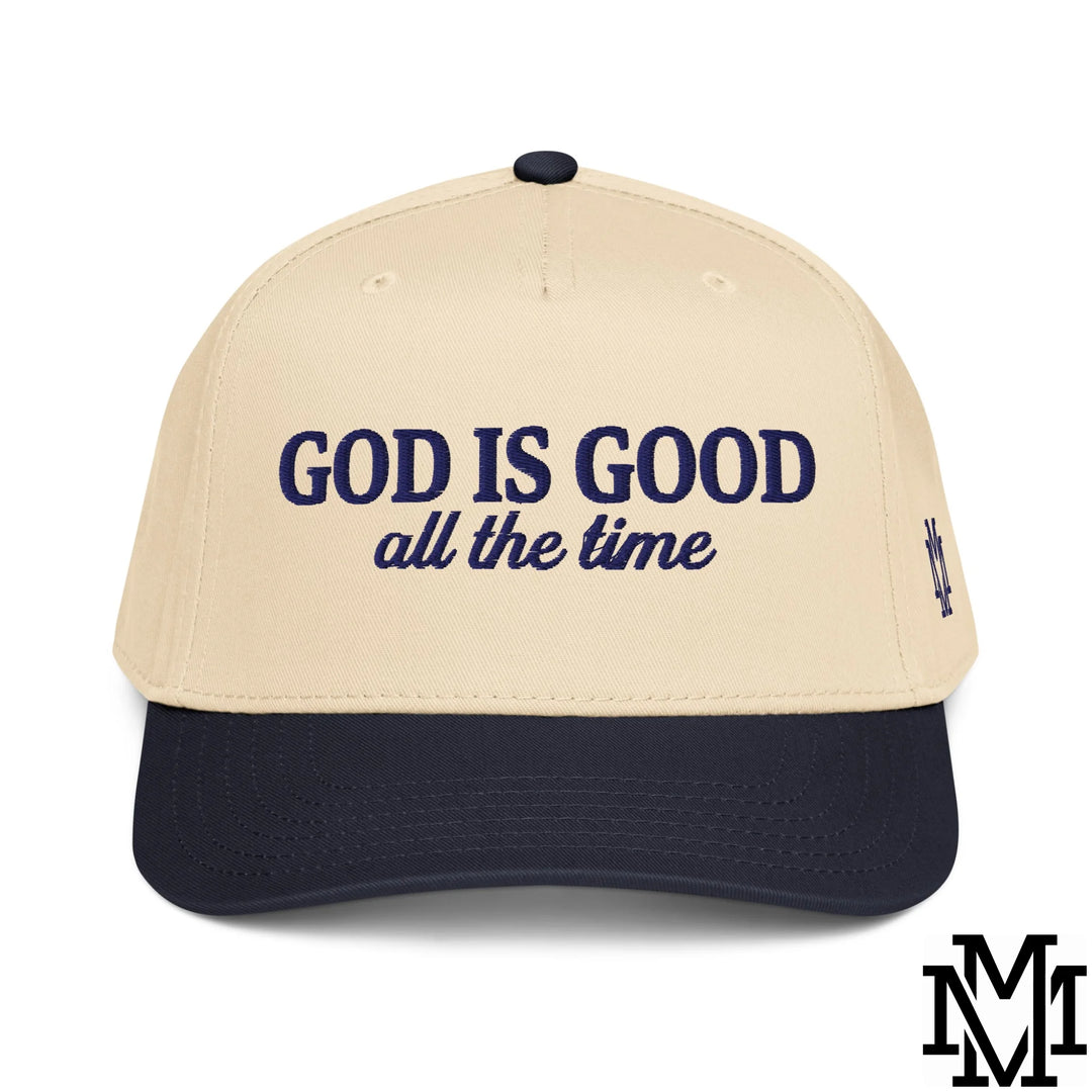 God is Good All The Time Embroidered Baseball Snapback Hat - Navy Natural
