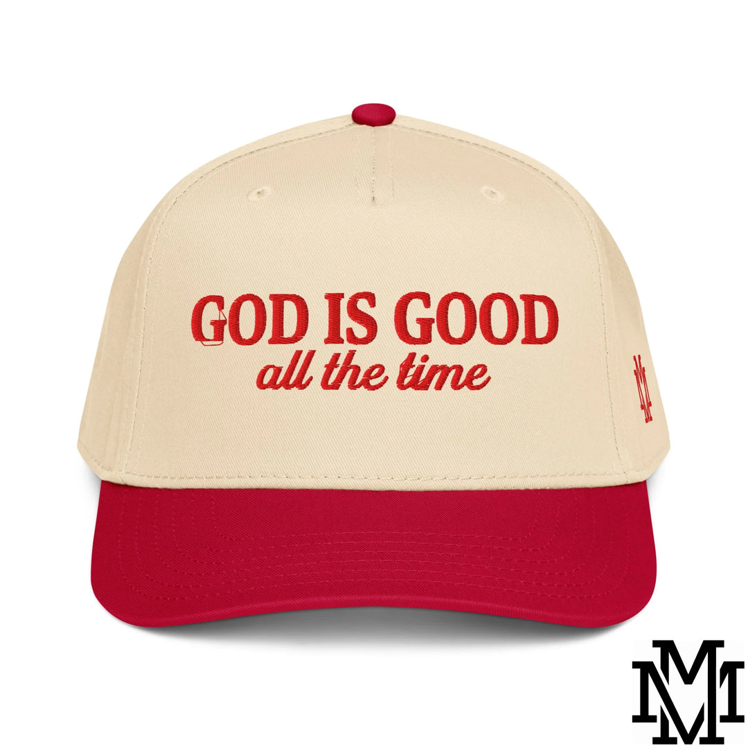 God is Good All The Time Embroidered Baseball Snapback Hat - Red Natural