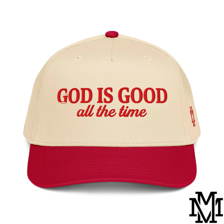 God is Good All The Time Embroidered Baseball Snapback Hat - Red Natural