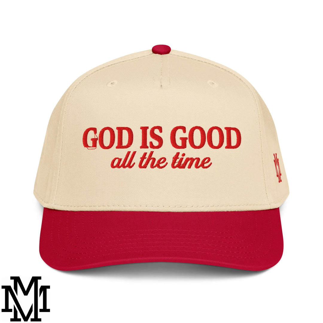 God is Good All The Time Embroidered Baseball Snapback Hat - Red Natural