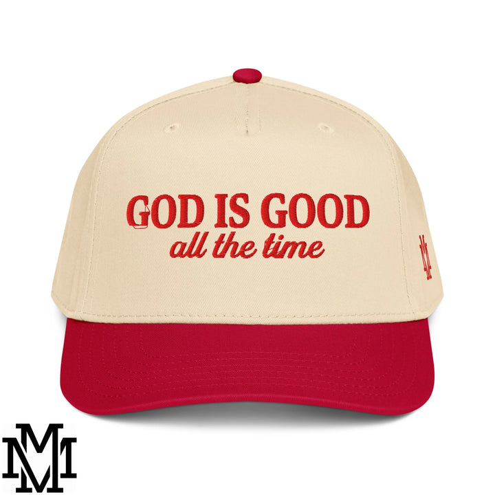 God is Good All The Time Embroidered Baseball Snapback Hat - Red Natural