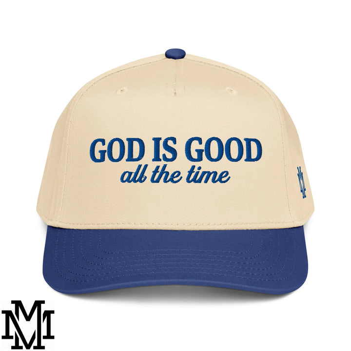 God is Good All The Time Embroidered Baseball Snapback Hat - Royal Natural