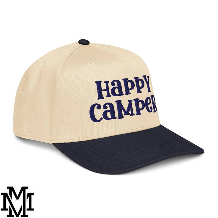 Happy Camper Embroidered Baseball Snapback Hat - Navy Natural