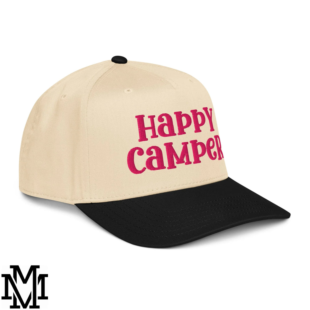 Happy Camper Embroidered Baseball Snapback Hat - Black Natural