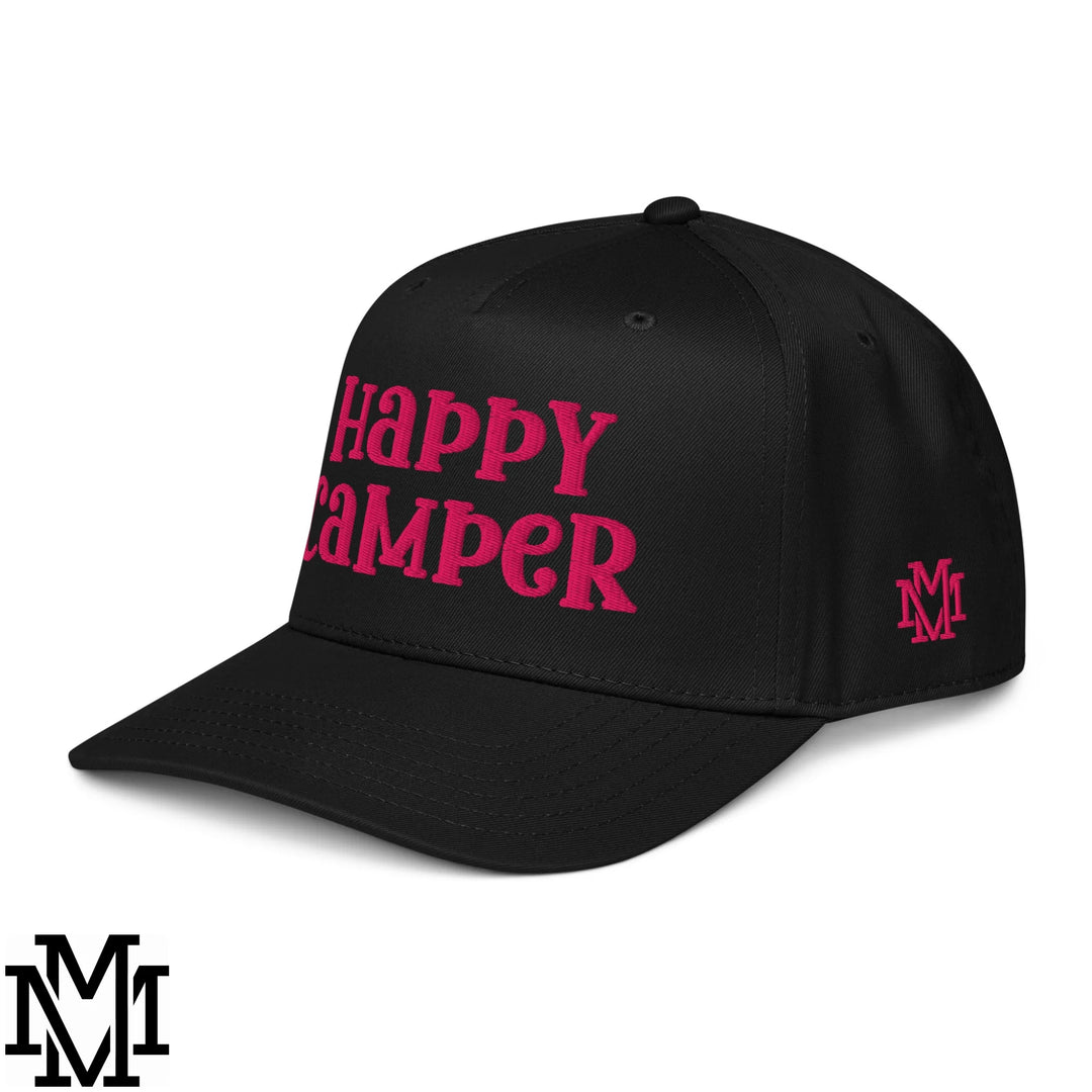 Happy Camper Embroidered Baseball Snapback Hat - Black