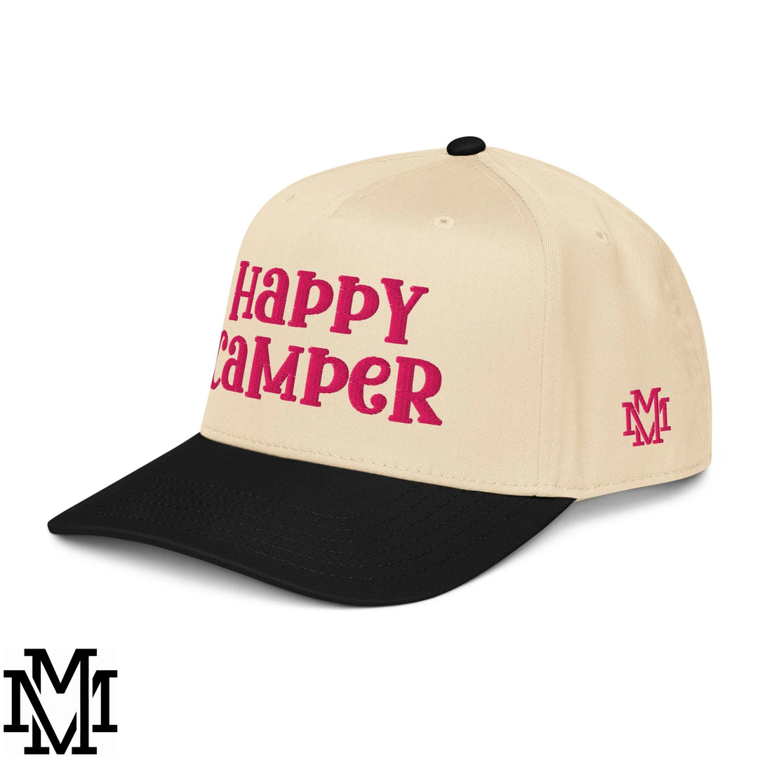Happy Camper Embroidered Baseball Snapback Hat - Black Natural