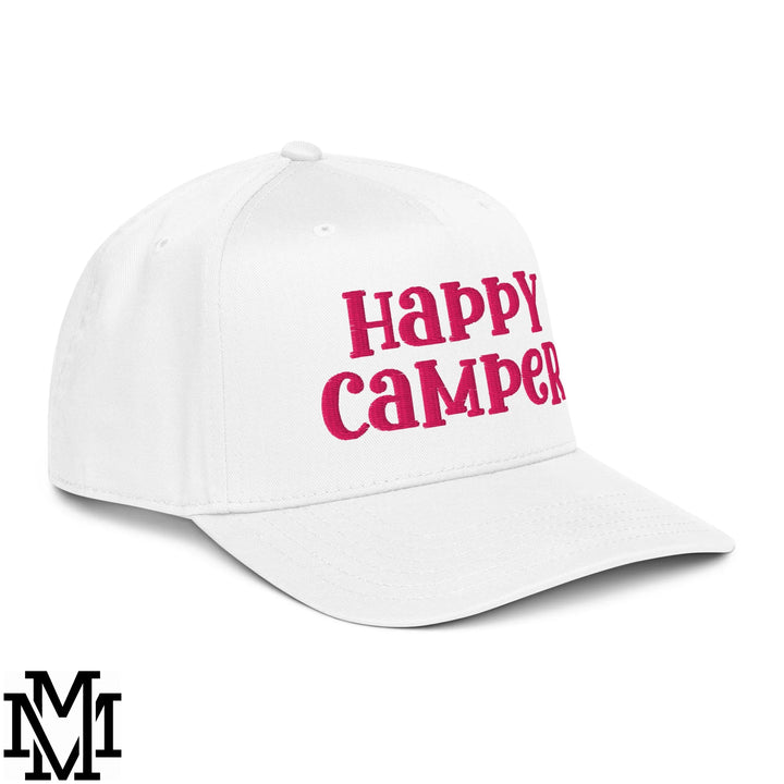 Happy Camper Embroidered Baseball Snapback Hat - White