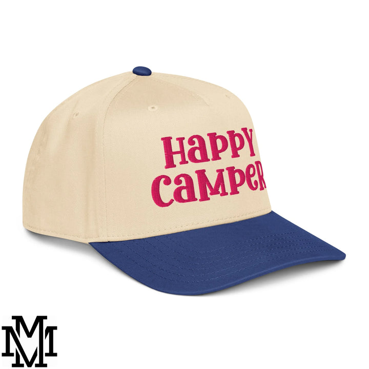 Happy Camper Embroidered Baseball Snapback Hat - Royal Natural