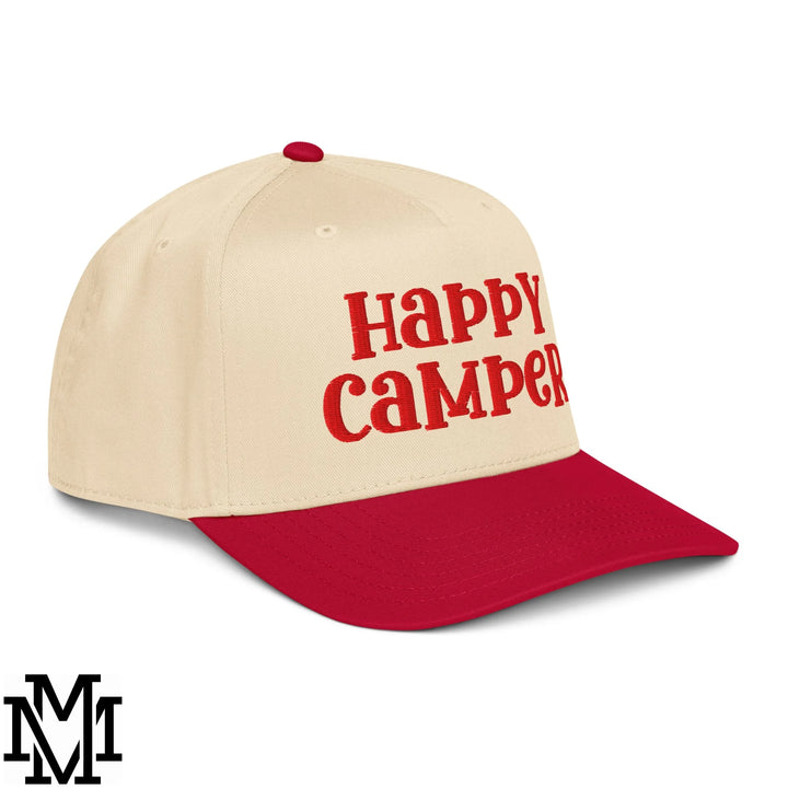 Happy Camper Embroidered Baseball Snapback Hat - Red Natural