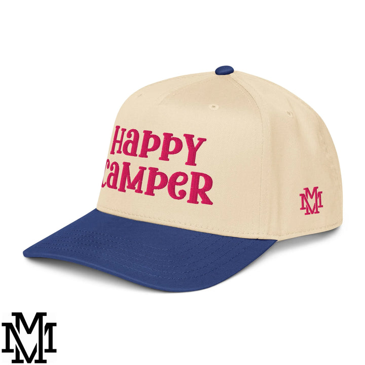 Happy Camper Embroidered Baseball Snapback Hat - Royal Natural