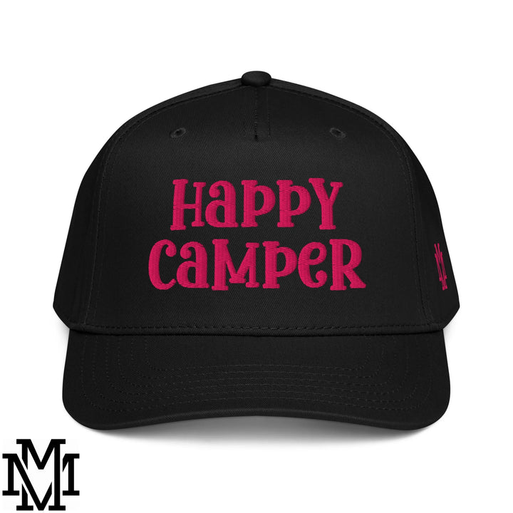 Happy Camper Embroidered Baseball Snapback Hat - Black