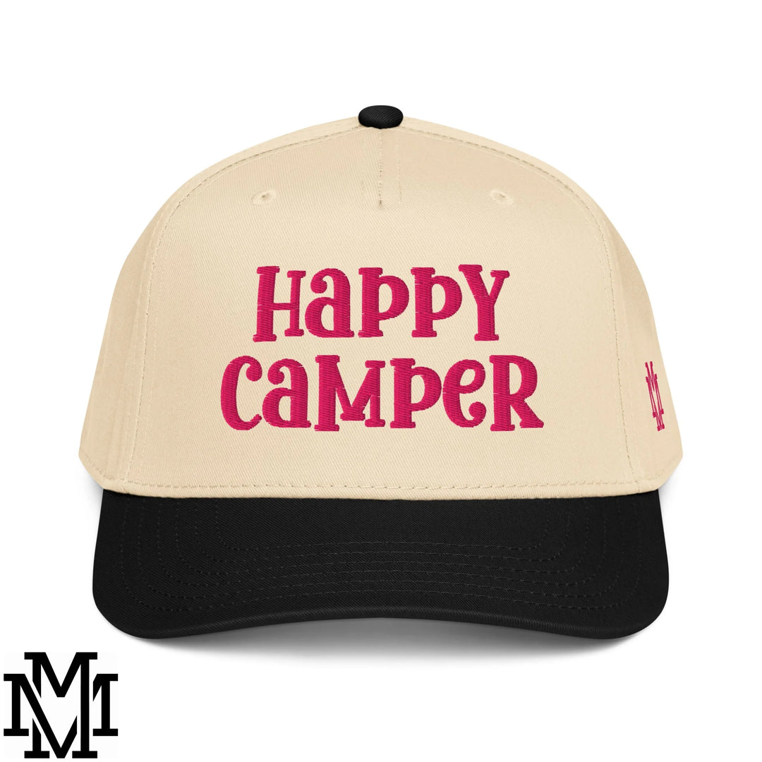 Happy Camper Embroidered Baseball Snapback Hat - Black Natural