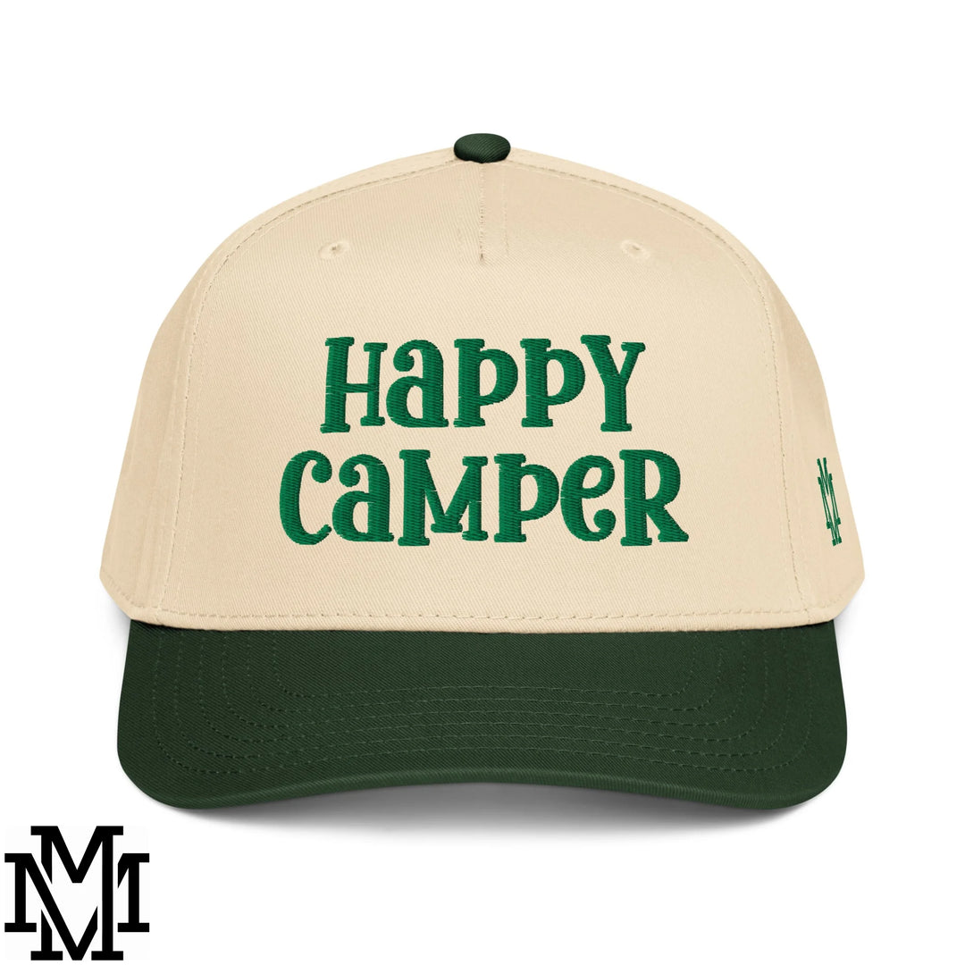 Happy Camper Embroidered Baseball Snapback Hat - Dark Green Natural