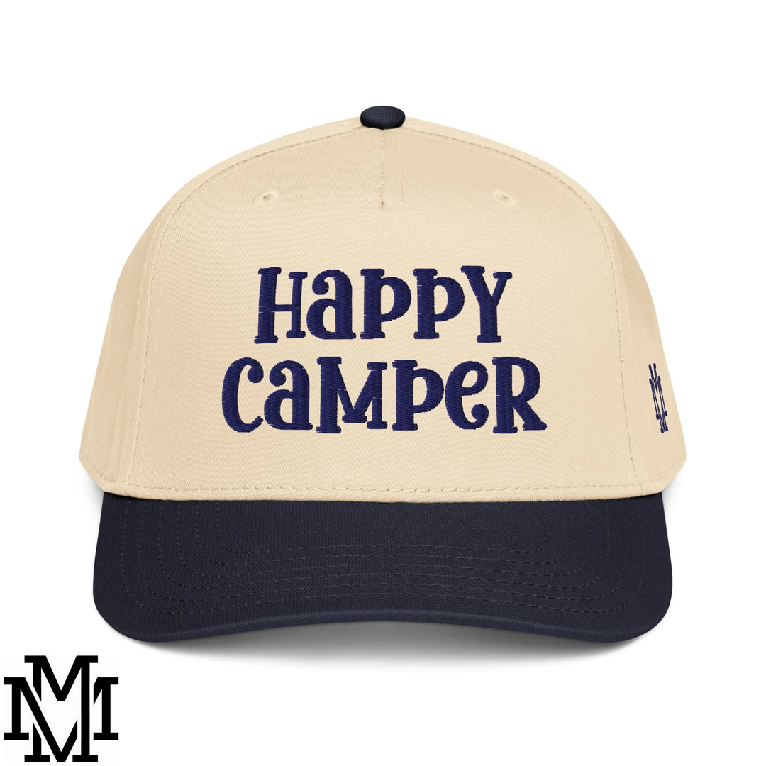 Happy Camper Embroidered Baseball Snapback Hat - Navy Natural