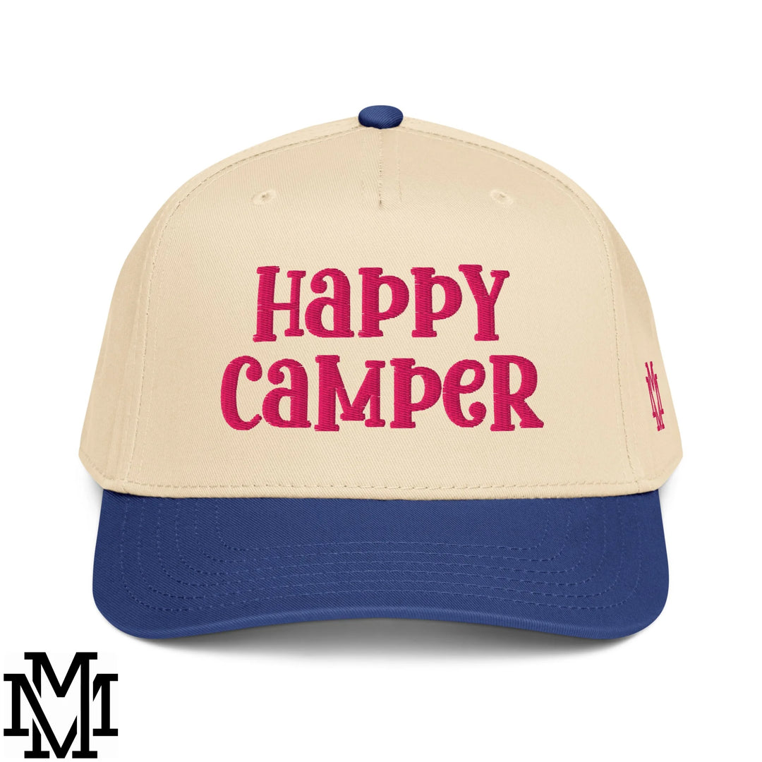 Happy Camper Embroidered Baseball Snapback Hat - Royal Natural
