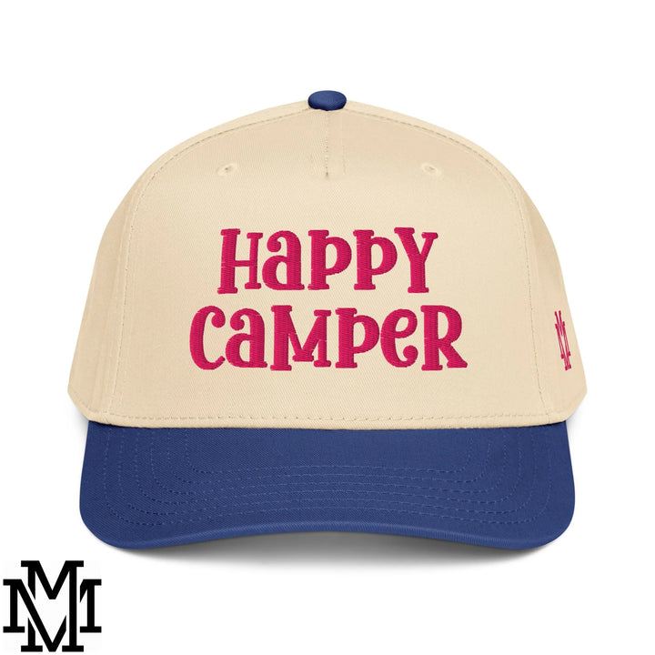 Happy Camper Embroidered Baseball Snapback Hat - Royal Natural