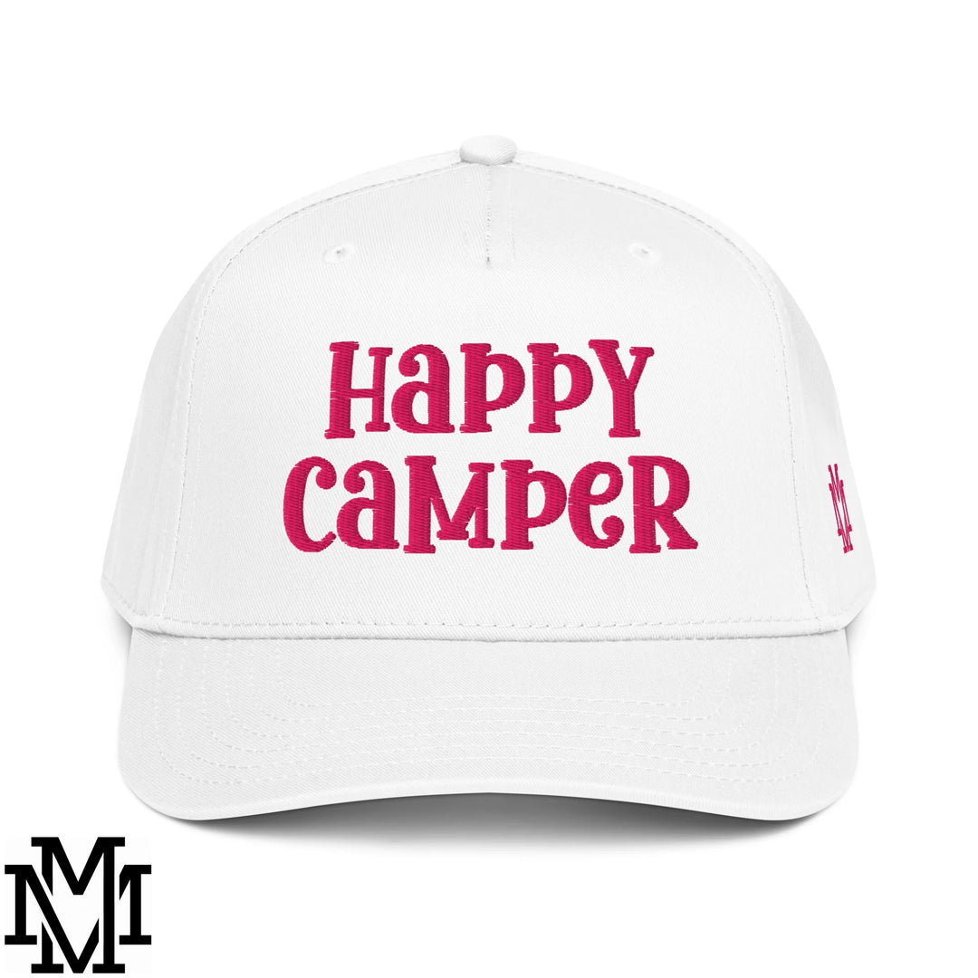 Happy Camper Embroidered Baseball Snapback Hat - White