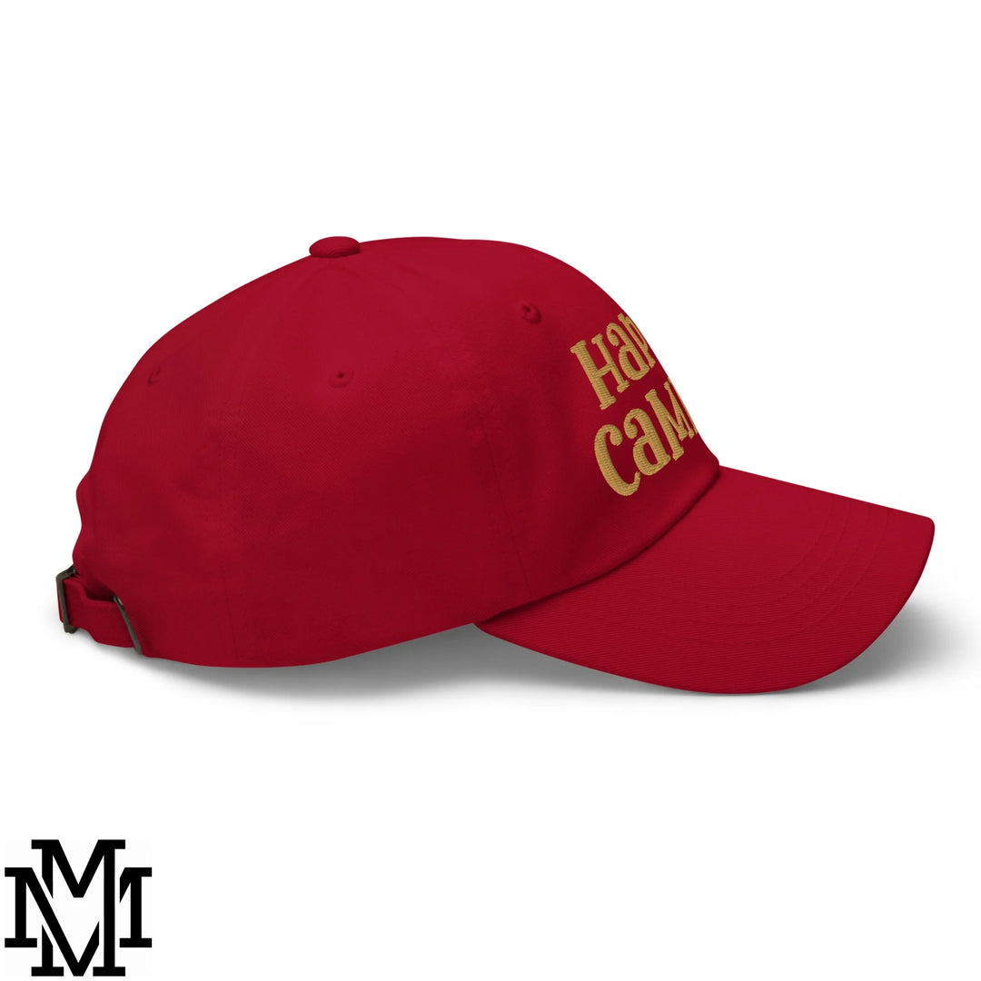 Happy Camper Embroidered Unstructured Dad Hat - Cranberry